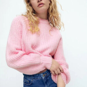 Zara Purl Knit Crop Wool Alpaca Balloon Sleeve Knit Sweater Light Pink Sz Small